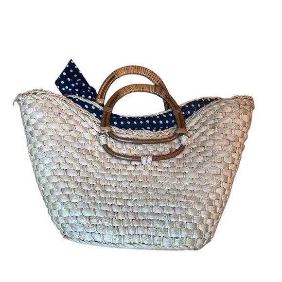 Woven Natural Straw Fiber Two Handle Navy White Polkadot Lining Bucket Tote Bag - Picture 6 of 6